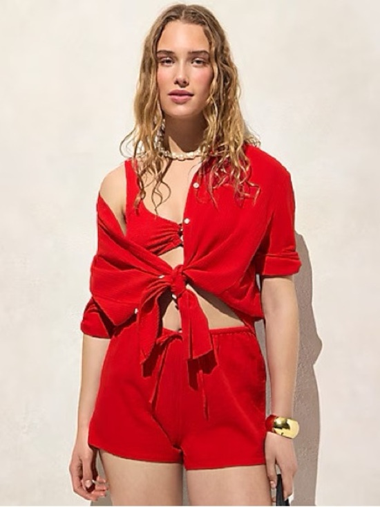 J. Crew Tops - J. Crew Airy Gauze Cotton Button Up Cover Up Tunic Shirt - Red Size Small